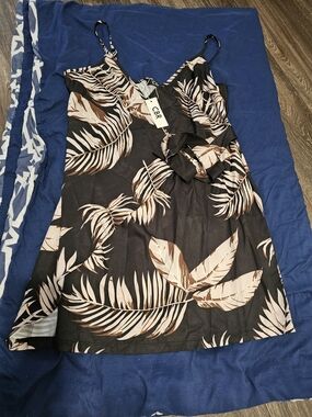 CBR Black Midi Slip Dress with Beige Leaf Print